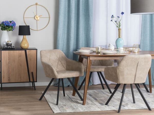 Set av 2 Middagsstolar Beige Tyg med Armstöd Rutigt Ryggstöd Svarta Metallben Retro