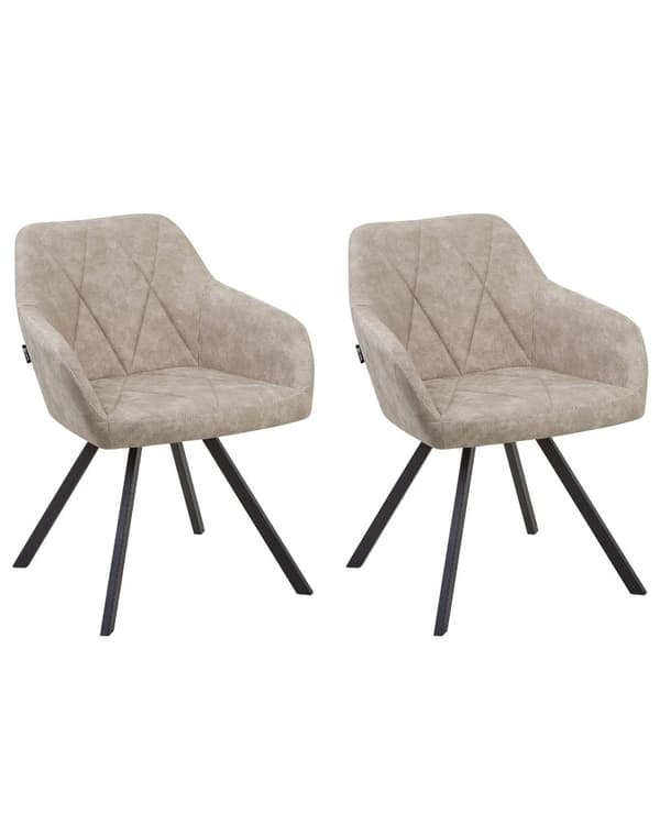 Set av 2 Middagsstolar Beige Tyg med Armstöd Rutigt Ryggstöd Svarta Metallben Retro