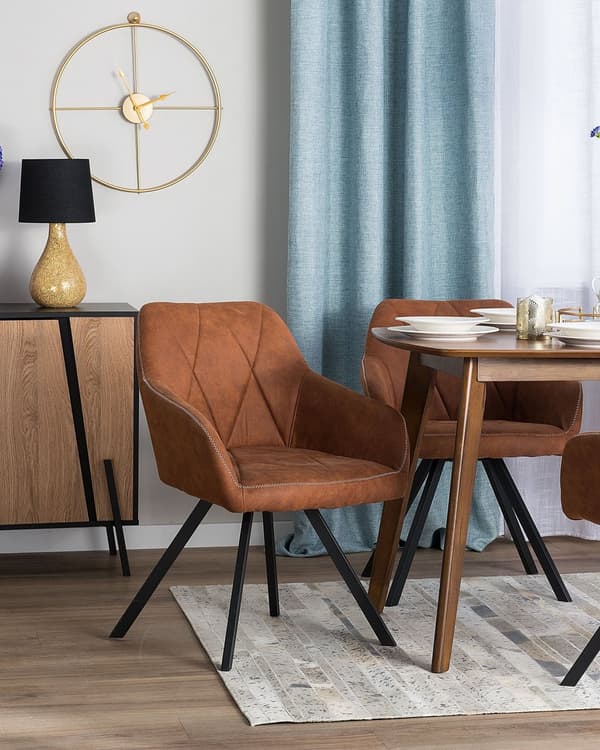Set av Middagsstolar Brunt tyg med Armstöd Rutigt Ryggstöd Svarta Metallben Retro