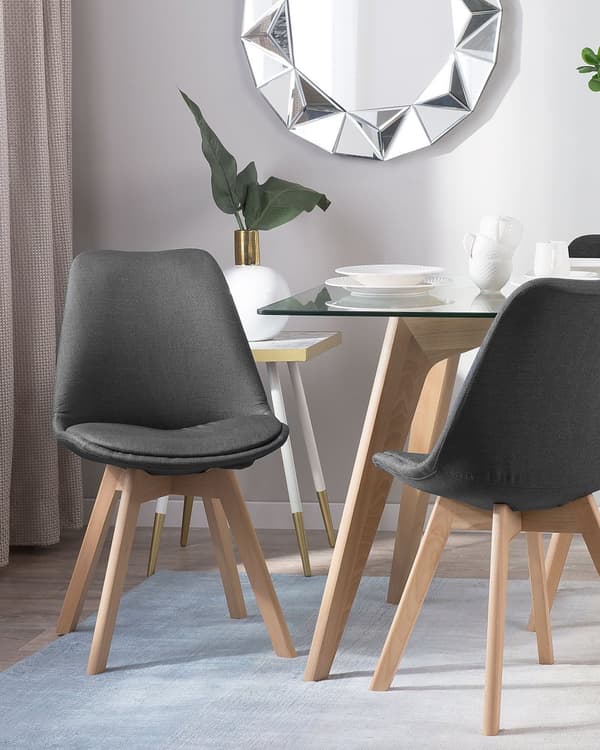 Spisebordsstole Mørkegrå Polyester og Lyst Træ Sæt 86 x 45 x 49 cm Dekorativ Spisestuestole til Spisestue Køkken Indretning Skandinavisk