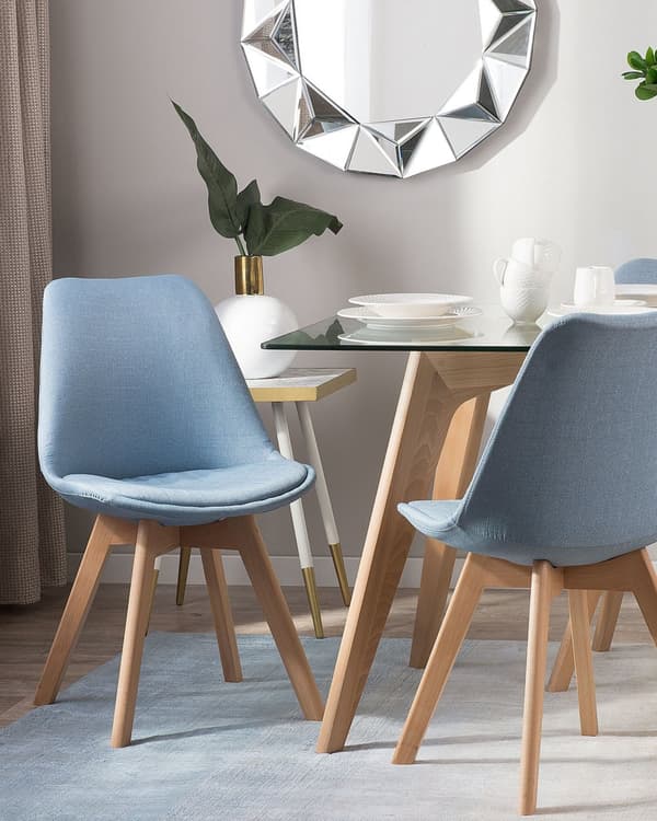 Spisebordsstole Lyseblå Polstret Polyester Lyst Træ Sæt 86 x 45 x 49 cm Dekorativ Spisestuestole til Spisestue Køkken Indretning Skandinavisk