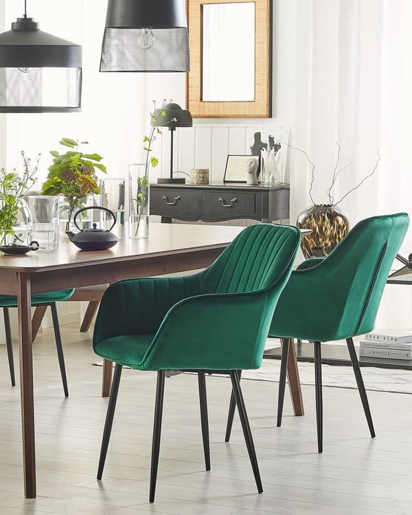 Set av 2 Matstolar Mörkgrön Sammet Armstöd Svarta Metallben Retro Glam