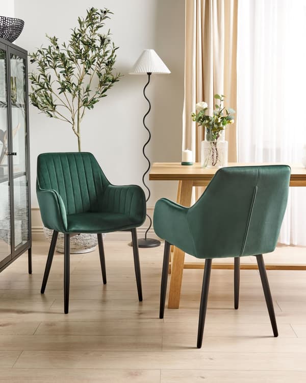 Set av 2 Matstolar Mörkgrön Sammet Armstöd Svarta Metallben Retro Glam