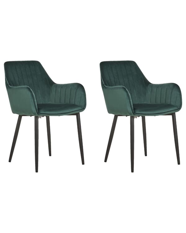 Set av 2 Matstolar Mörkgrön Sammet Armstöd Svarta Metallben Retro Glam