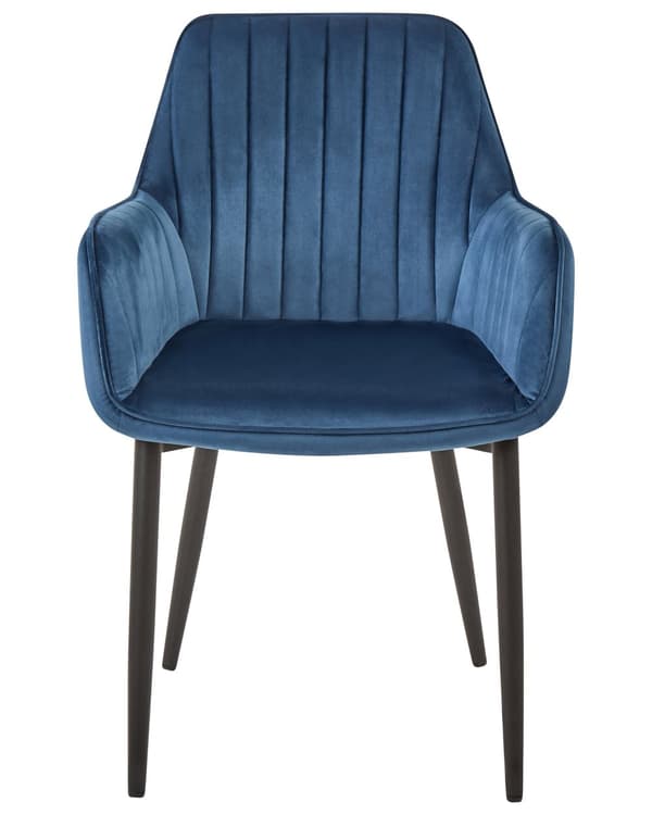 Sæt med 2 navy blå velourstole med sorte metalben i retro glamour stil spisestuestole til stuen