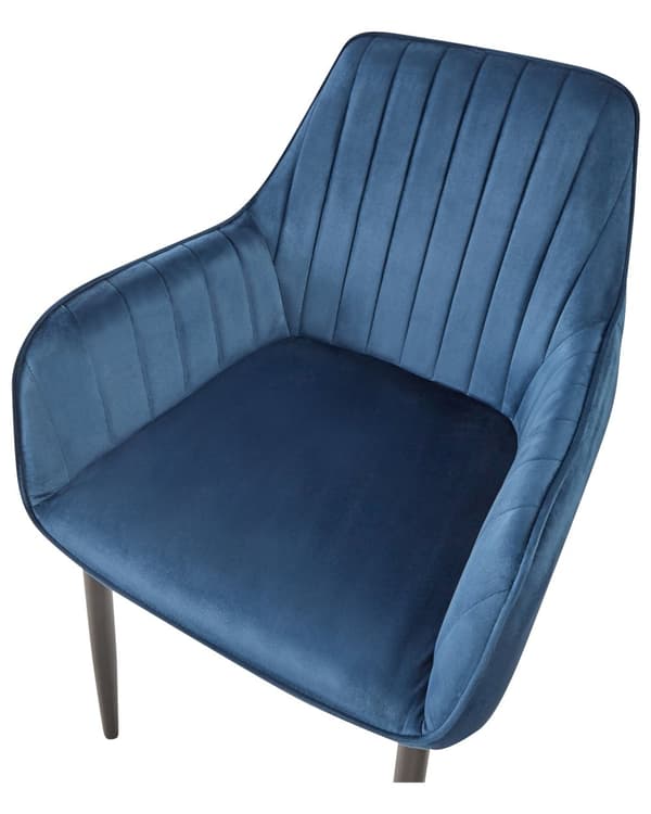 Sæt med 2 navy blå velourstole med sorte metalben i retro glamour stil spisestuestole til stuen