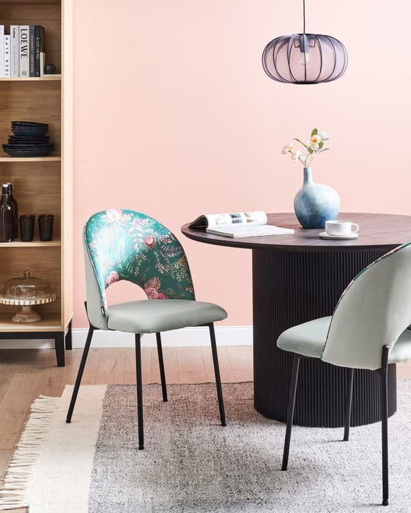 Set av 2 Matstolar Grön Sammetsklädsel Blommigt Mönster Svarta Ben Retro Glamour