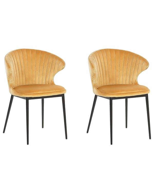 Set av 2 Matstolar Gul Sammetsklädsel Svarta Ben Retro Industriell