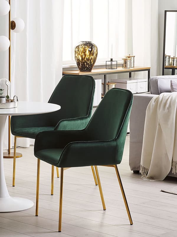 Sæt med 2 Spisestuestole Grøn Velour Betrukket med Gylden ben Glamourøs Stil