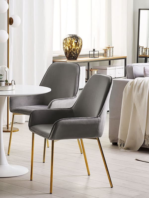 Sæt med 2 Spisestuestole Grå Velour Betrukket med Gylden ben Glamourøs Stil