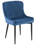 Miniatyrbillede 5 af 10: Et sæt med 2 polstrede stole i blå velour med sorte metalben til en spisestue i retro glamourstil