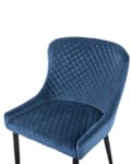 Miniatyrbillede 8 af 10: Et sæt med 2 polstrede stole i blå velour med sorte metalben til en spisestue i retro glamourstil