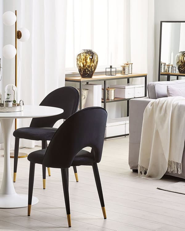 Et sæt med 2 Spisestuestole Sort Velour Betrukket med Sorte Ben Retro Glamour Stil
