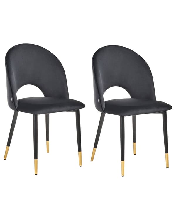 Et sæt med 2 Spisestuestole Sort Velour Betrukket med Sorte Ben Retro Glamour Stil