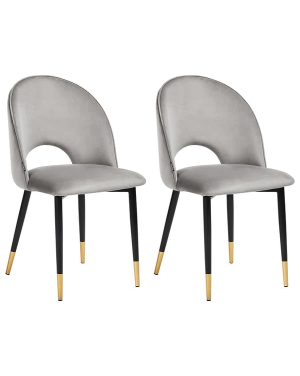 Et sæt med 2 Spisestuestole Grå Velour Betrukket med Sorte Ben Retro Glamourøs Stil