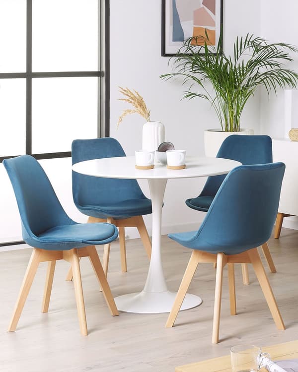 Spisebordsstole Blå Velour og Lyst Træ Sæt 86 x 45 x 49 cm Dekorativ Polstret Spisestuestole til Køkken Indretning Skandinavisk