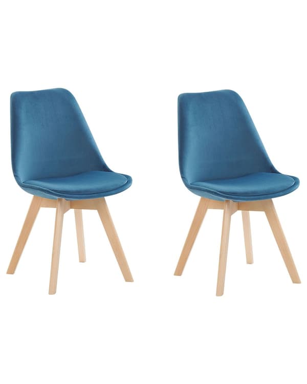 Spisebordsstole Blå Velour og Lyst Træ Sæt 86 x 45 x 49 cm Dekorativ Polstret Spisestuestole til Køkken Indretning Skandinavisk