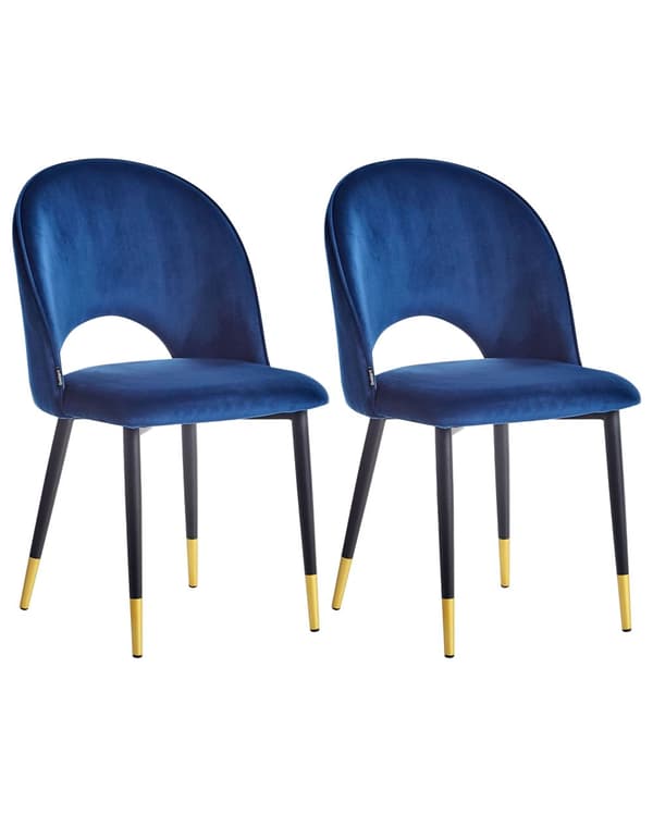 Et sæt med 2 Spisestuestole Blå Velour Betrukket med Sorte Ben Retro Glamour Stil