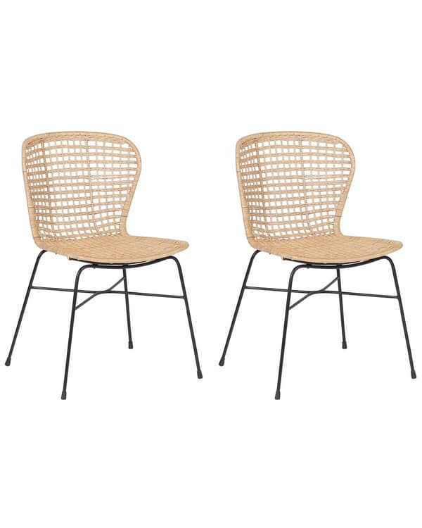 Sæt med 2 Spisestuestole Beige Rattan Stole Sorte Metalben Inspireret af Boho-Stilen