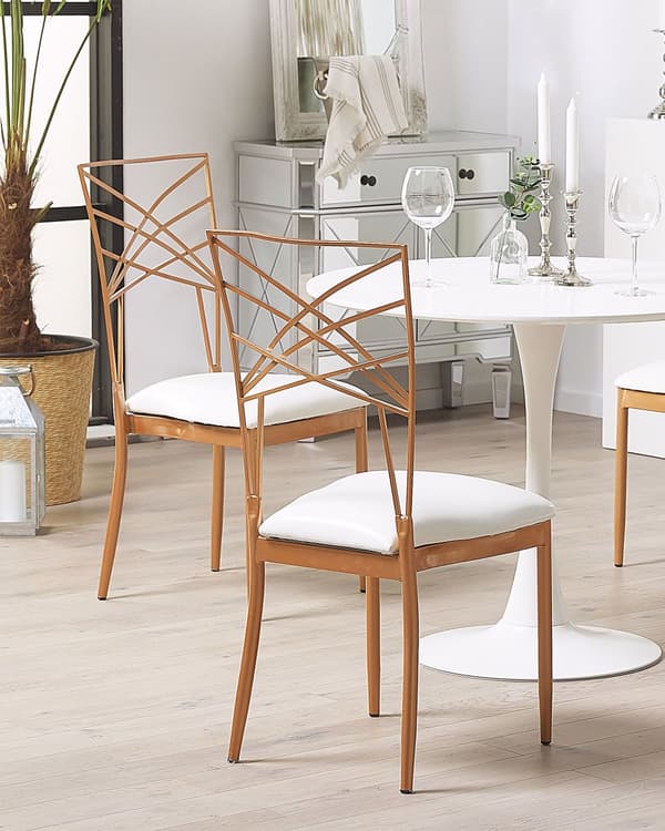 Spisebordsstole Guld Metal Hvidt Kunstlæder Sæt 91 x 42 x 41 cm Dekorative Metalstole med Lædersæde Stabelbare Høj Ryg Glamourstil Køkken