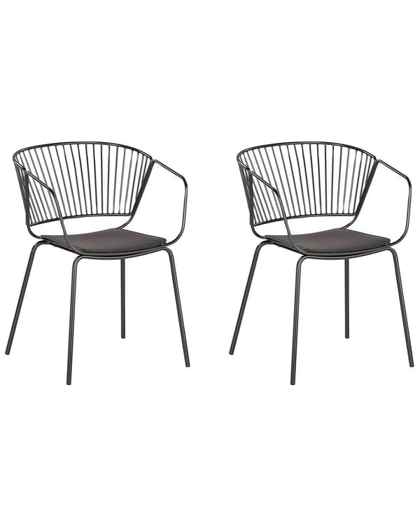 Spisebordsstol Sort Metal Sort Kunstlæder Sæt 2 stk Spisestue Stole med Armlæn Design Buet Ryg Glamour til Køkken Indretning