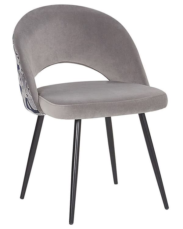 Et sæt med 2 spisestuestole grå velour med metalben blomstermønster ryglæn med udskæring