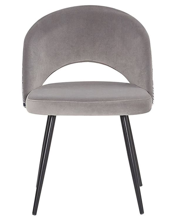 Et sæt med 2 spisestuestole grå velour med metalben blomstermønster ryglæn med udskæring