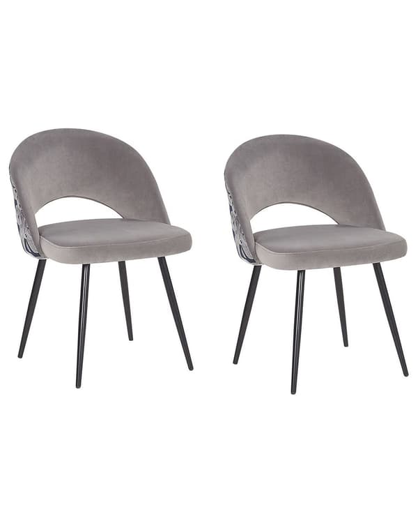 Et sæt med 2 spisestuestole grå velour med metalben blomstermønster ryglæn med udskæring