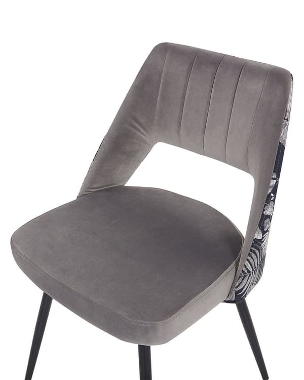 Sæt med 2 spisestuestole Grå Velour Sæde Sort Metal Ben Udskåret Ryg Blomstermønster