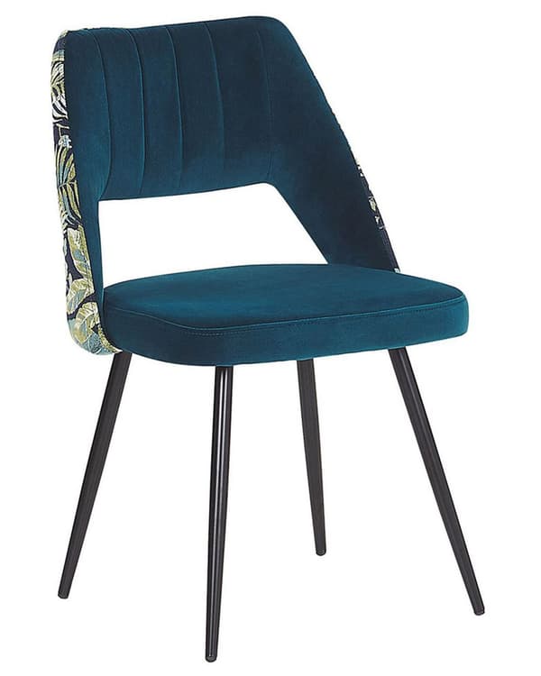 Sæt med 2 spisestuestole Blå Velour Sæde Sort Metal Ben Udskåret Ryg Blomstermønster