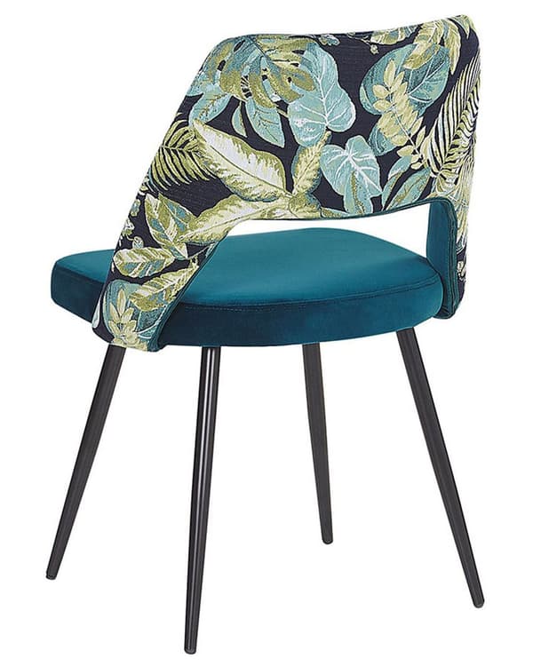 Sæt med 2 spisestuestole Blå Velour Sæde Sort Metal Ben Udskåret Ryg Blomstermønster