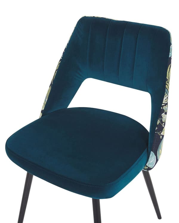 Sæt med 2 spisestuestole Blå Velour Sæde Sort Metal Ben Udskåret Ryg Blomstermønster