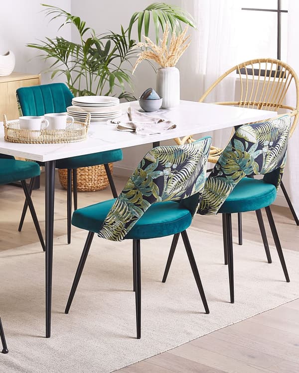 Sæt med 2 spisestuestole Blå Velour Sæde Sort Metal Ben Udskåret Ryg Blomstermønster