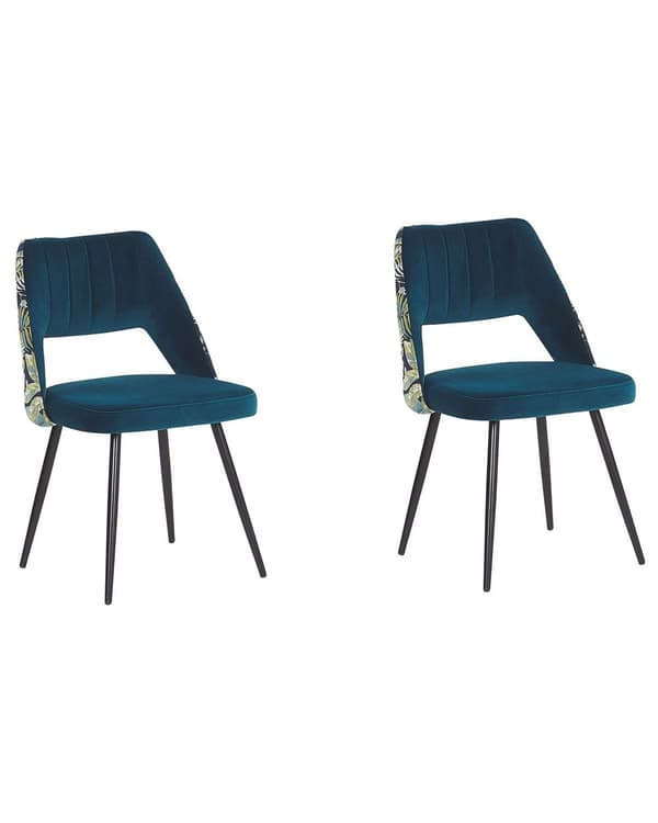 Sæt med 2 spisestuestole Blå Velour Sæde Sort Metal Ben Udskåret Ryg Blomstermønster
