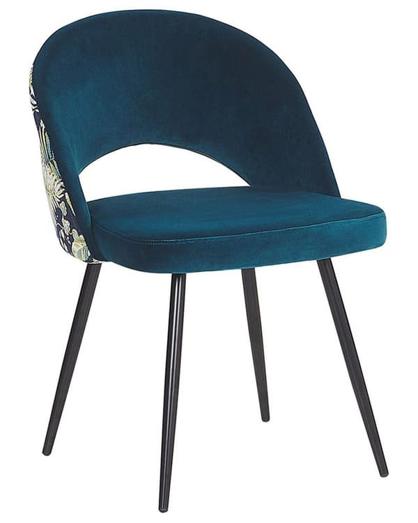 Et sæt med 2 spisestuestole blå velour med metalben blomstermønster ryglæn med udskæring