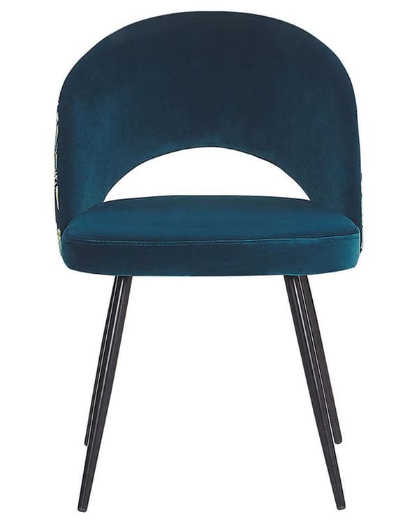 Et sæt med 2 spisestuestole blå velour med metalben blomstermønster ryglæn med udskæring