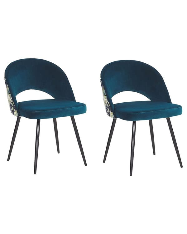 Et sæt med 2 spisestuestole blå velour med metalben blomstermønster ryglæn med udskæring
