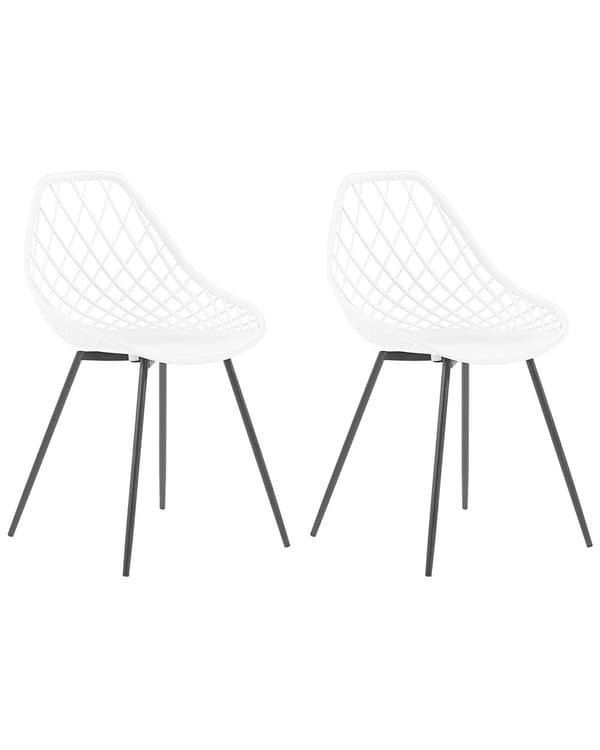 Set med 2 Matstolar Vit Syntetisk Sits Svarta Metallben Nätdesignat Ryggstöd Modern Skandinavisk