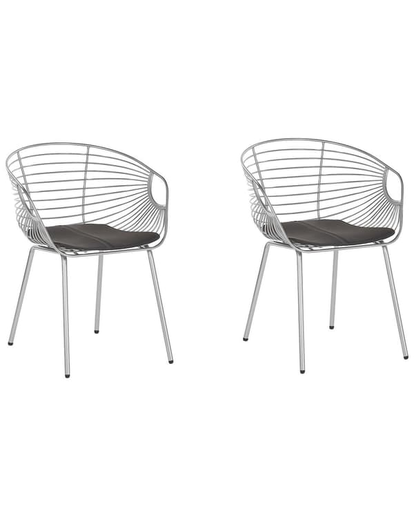 Set av 2 Matstolar Silver Metalltråd Design Konstläder Svart Sitskudde Glam Industriell Modern