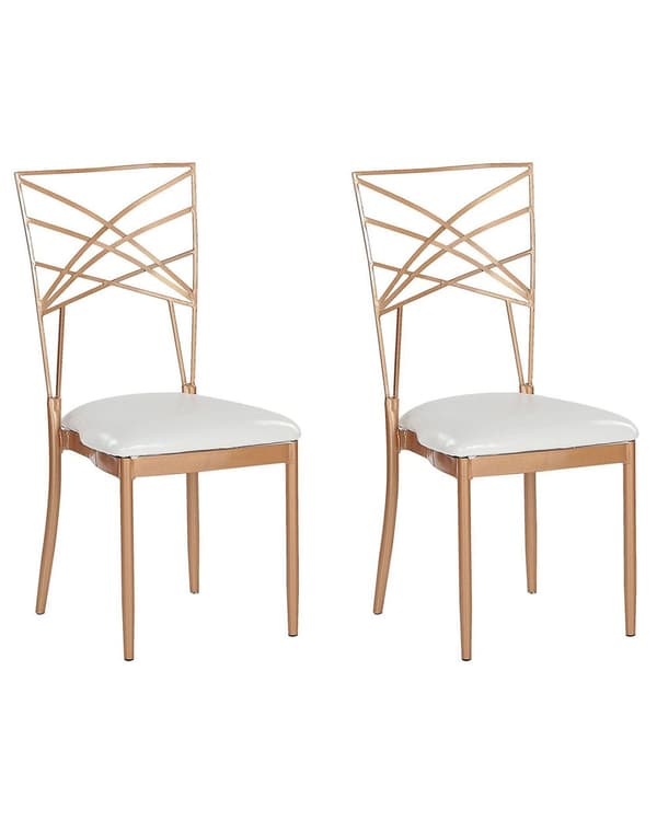 Set med 2 Matstolar Guld Metall Konstläder Vit Sitskudde Industriell Glam Stil