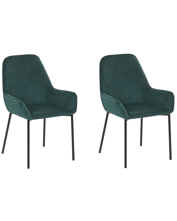 Set av 2 Matstolar Grön Manchestertyg Klädd Sits Svarta Metallben Modern Stil
