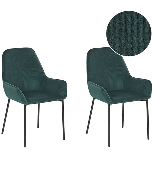 Set av 2 Matstolar Grön Manchestertyg Klädd Sits Svarta Metallben Modern Stil