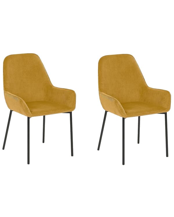 Set av 2 Matstolar Gul Manchestertyg Klädd Sits Svarta Metallben Modern Stil