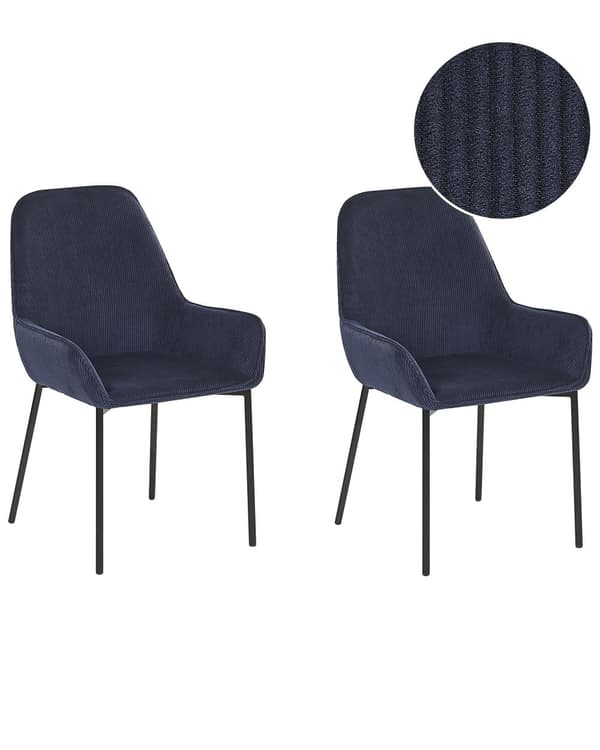 Set av 2 Matstolar Blå Manchestertyg Klädd Sits Svarta Metallben Modern Stil