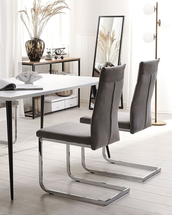 Frisvingerstole Grå Velour Sølv Metalben Sæt 2 stk Polstrede Moderne Spisebordstole Cantilever Høj Ryg Design Køkken Stole til Spisebord