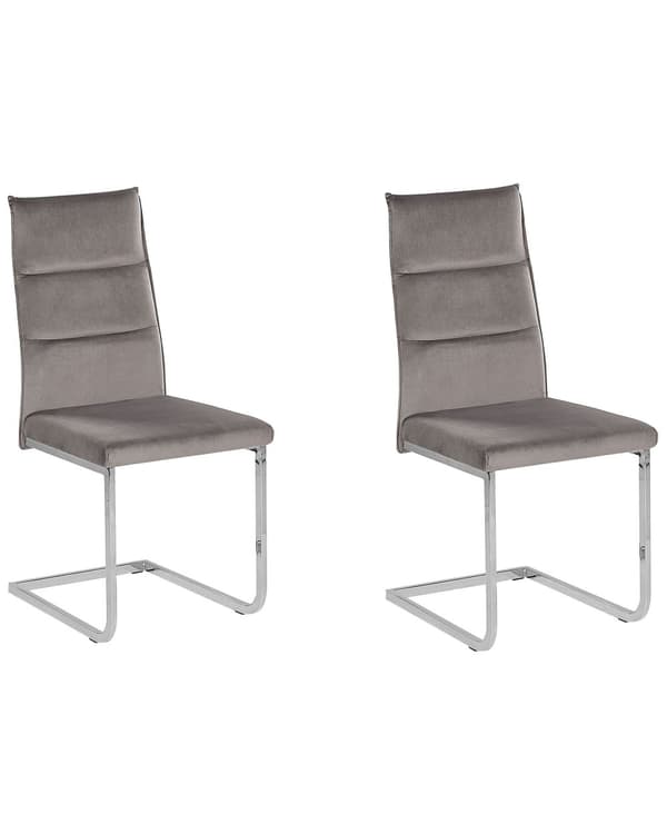 Frisvingerstole Grå Velour Sølv Metalben Sæt 2 stk Polstrede Moderne Spisebordstole Cantilever Høj Ryg Design Køkken Stole til Spisebord