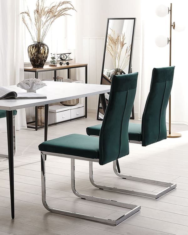 Sæt med 2 konsolstole grøn velour sølv stel til spisestuen i køkkenet moderne minimalistisk stil