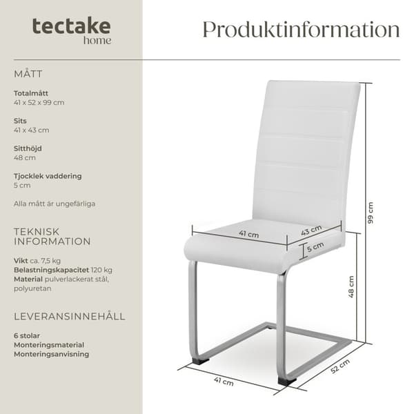 Köksstolar Bettina - vit, Uppsättning om 6