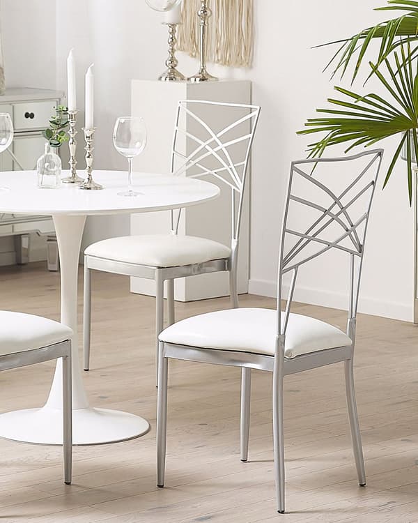 Set med 2 Matstolar Silver Metall Konstläder Vit Sitskudde Industriell Glam Stil