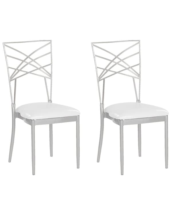 Set med 2 Matstolar Silver Metall Konstläder Vit Sitskudde Industriell Glam Stil